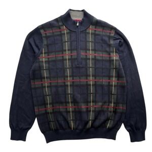 IZOD Mens Intarsia Knit Half Zip Sweater L Midnight Navy Blue Plaid Pullover Y2K